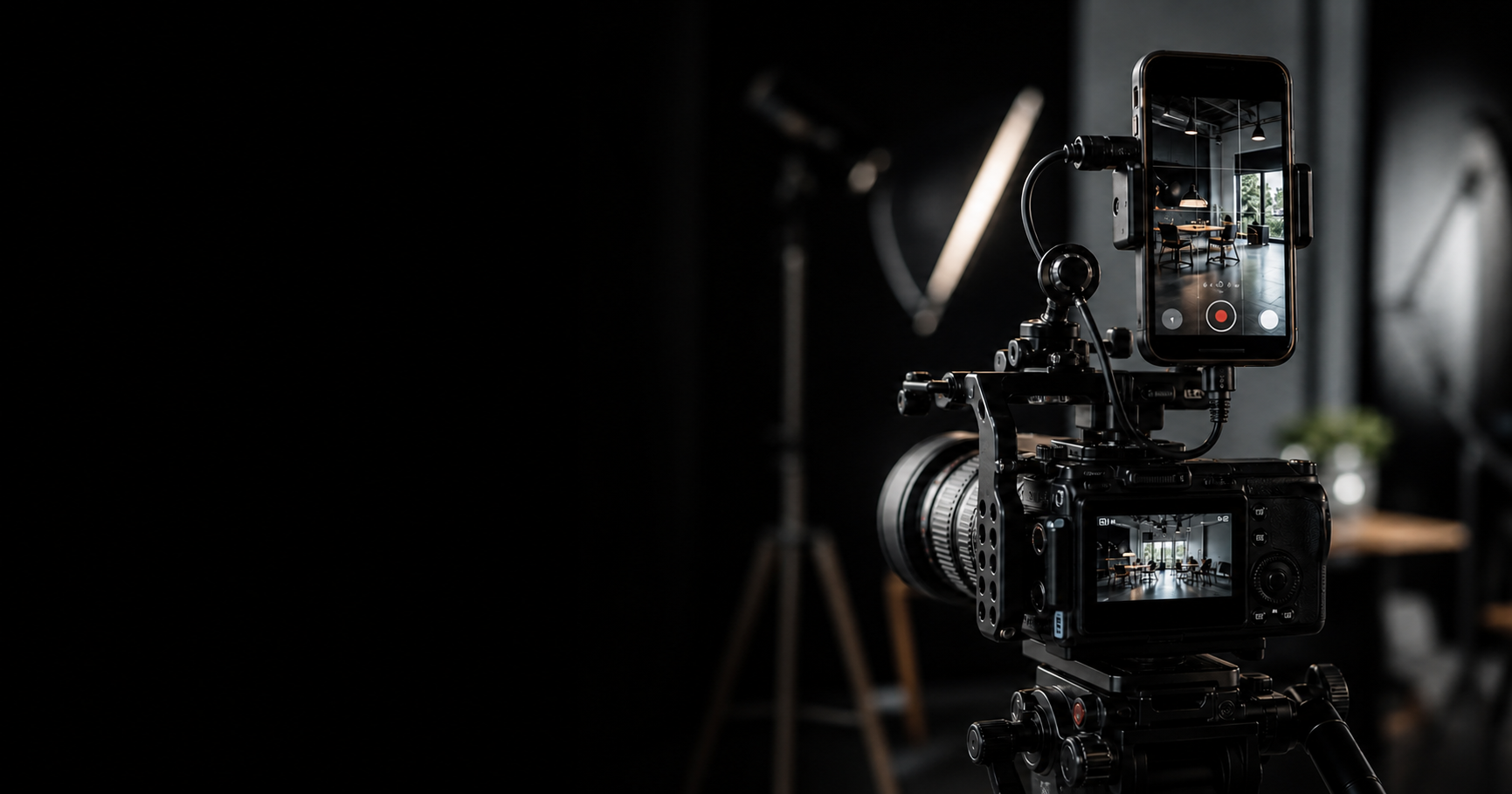 Cameră profesională și telefon vertical pregătite pentru filmarea unei afaceri
